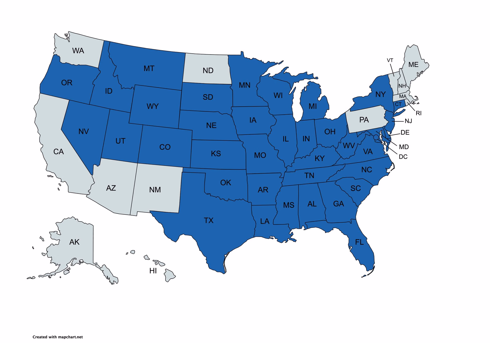 Map of the United States with the 37 states where One Less Thing Insurance is licensed shaded