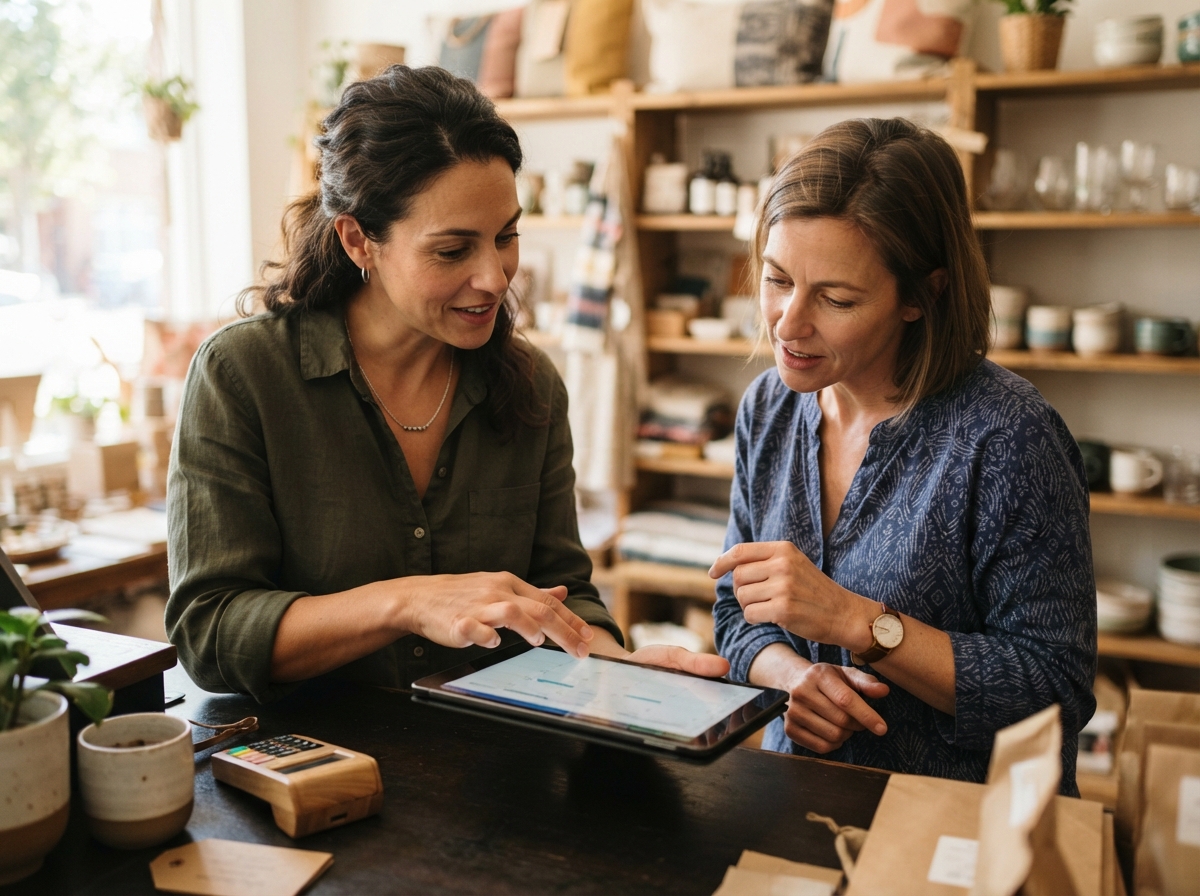 Two colleagues at a shop counter, one showing the other something on a tablet
