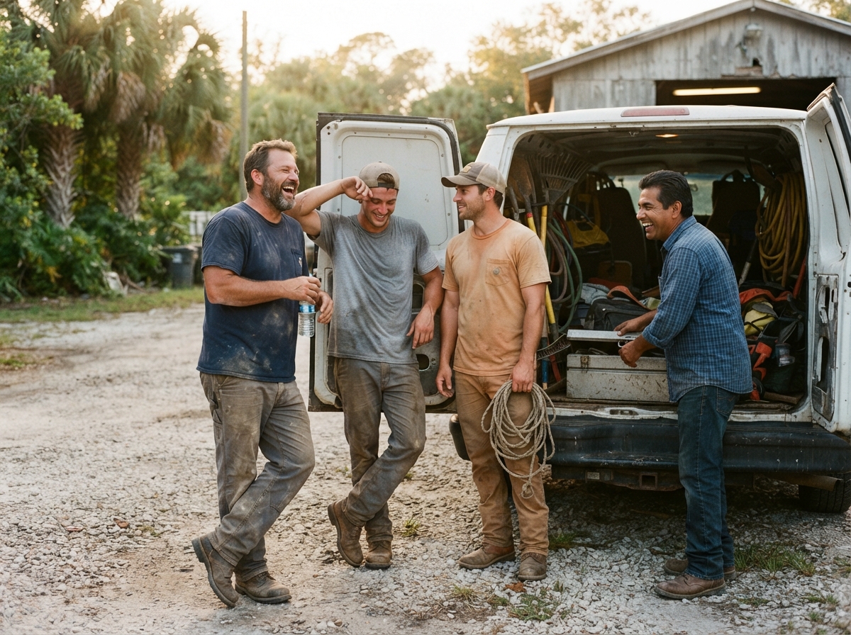 A small Florida trade crew outside their van at the end of a shift