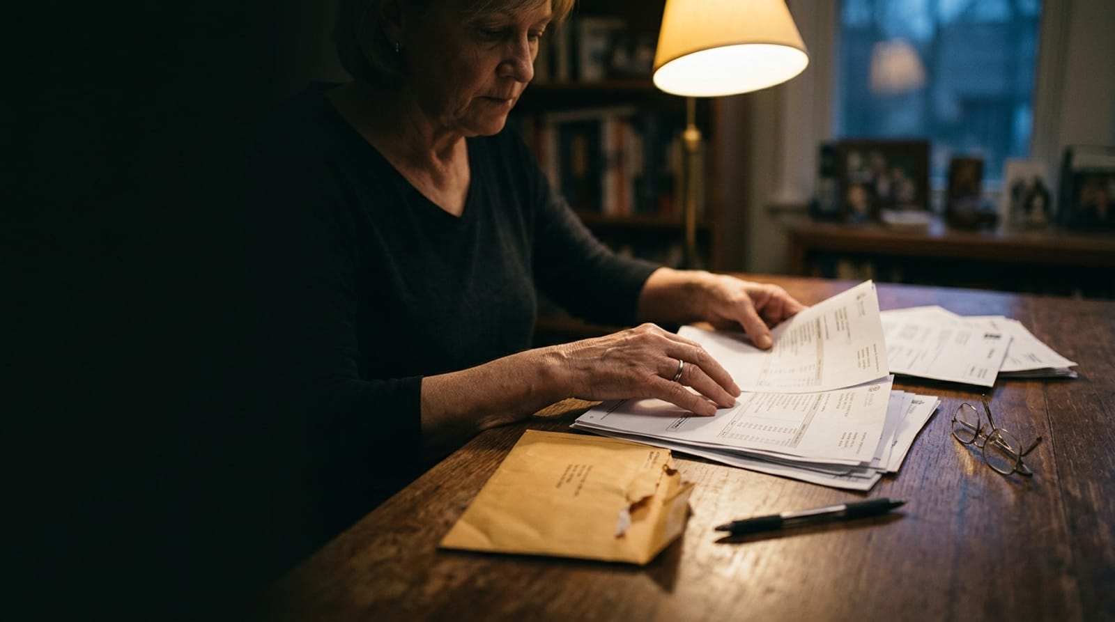 Sorting a medical bill and paperwork under a warm desk lamp