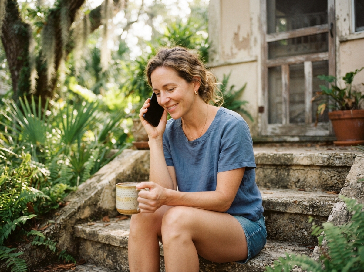 A woman on her front steps, phone lowered and a small relieved smile — something just got sorted out