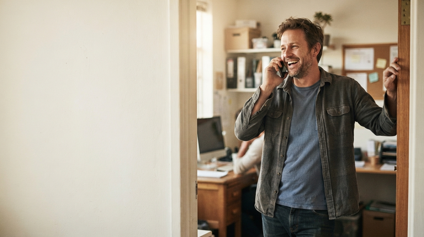 A small-business owner on the phone, laughing with relief — the call where it stops being your problem