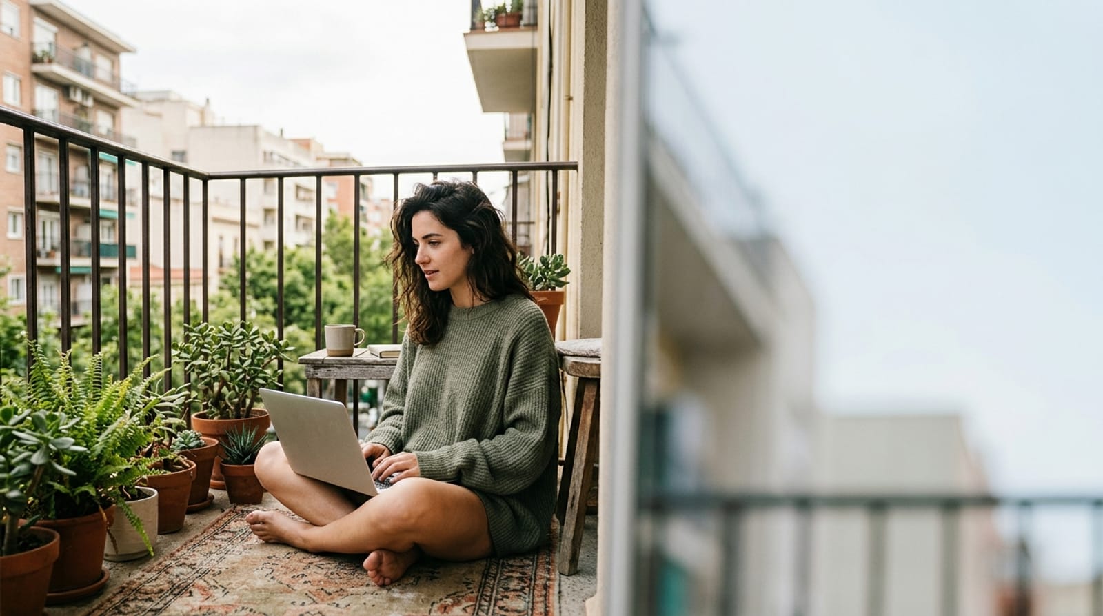 A young adult researching options on a laptop on a bright balcony