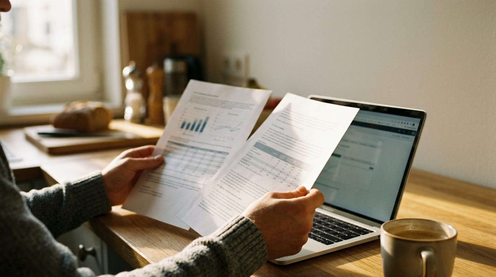 Comparing two insurance documents at a kitchen table beside a laptop