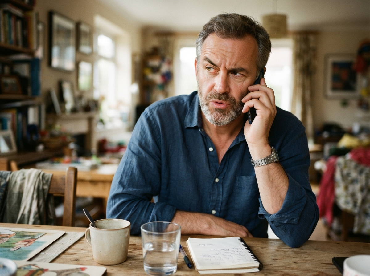 A man on the phone at his dining table, puzzled by a question he should not have to ask