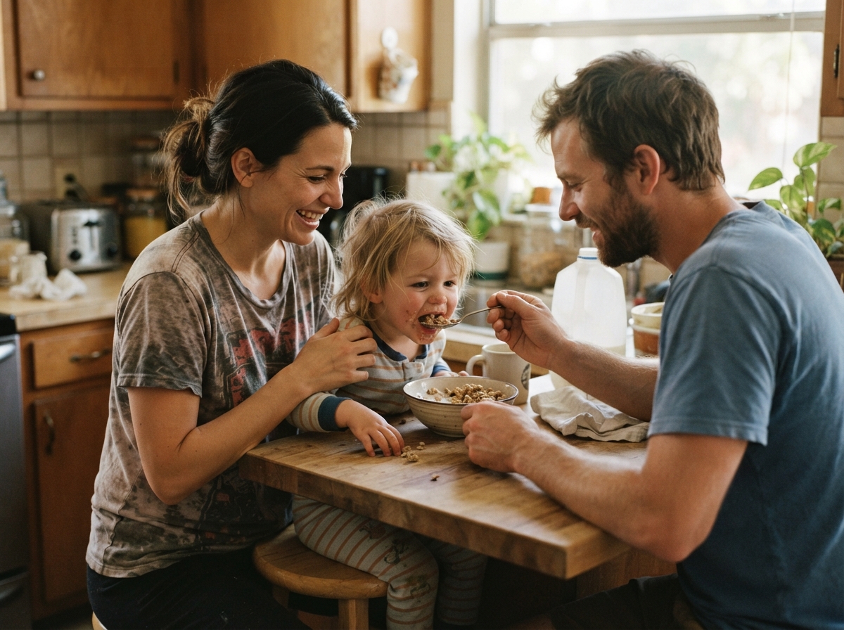 A family getting through a weekday morning in a Florida kitchen