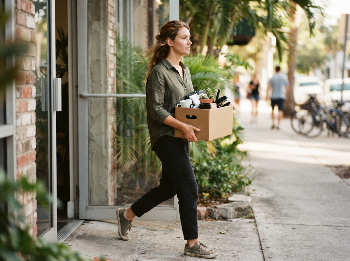 A woman carrying a box of desk things out of an office into daylight