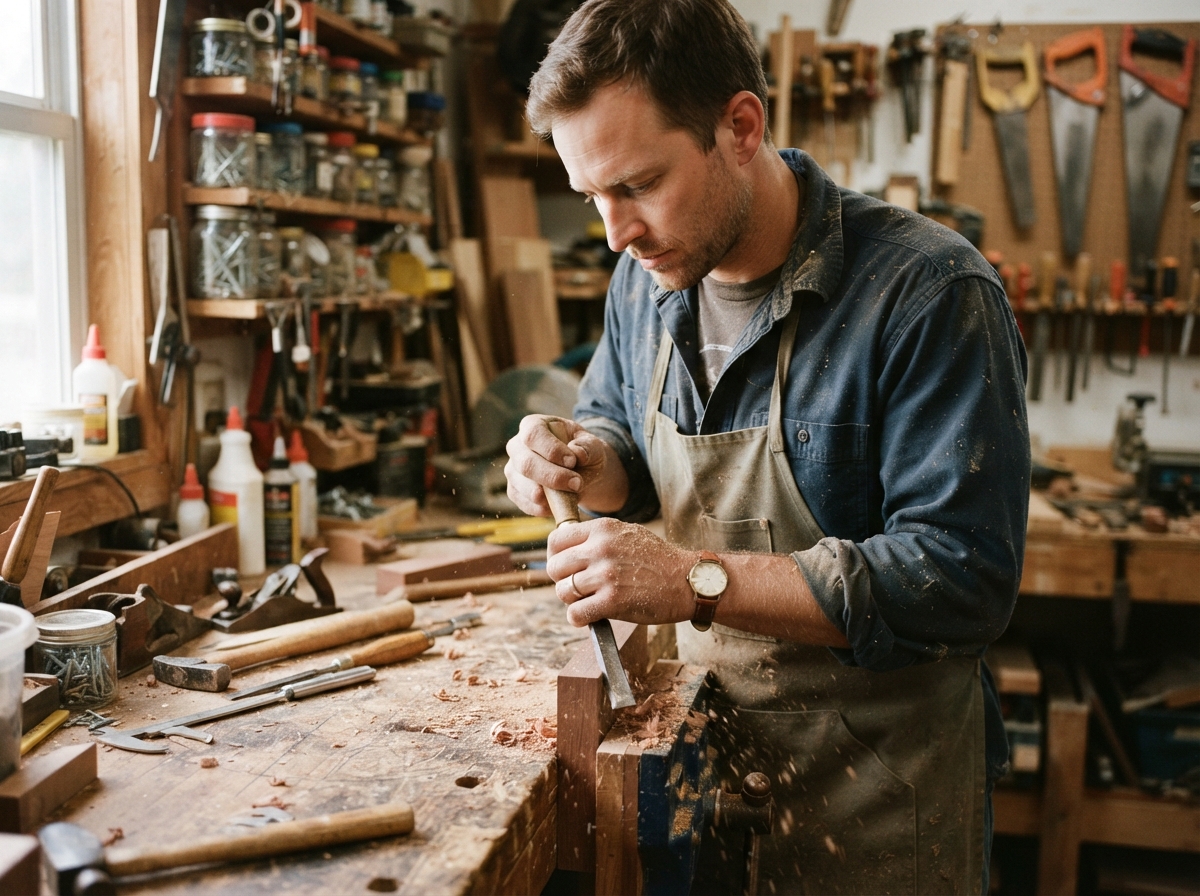 A self-employed maker at his workbench, mid-task