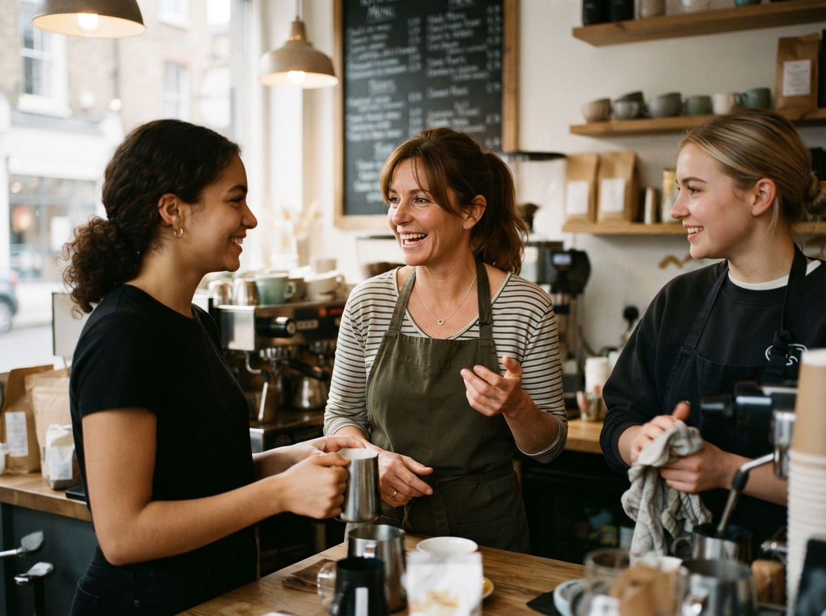 A cafe owner talking with two staff before opening